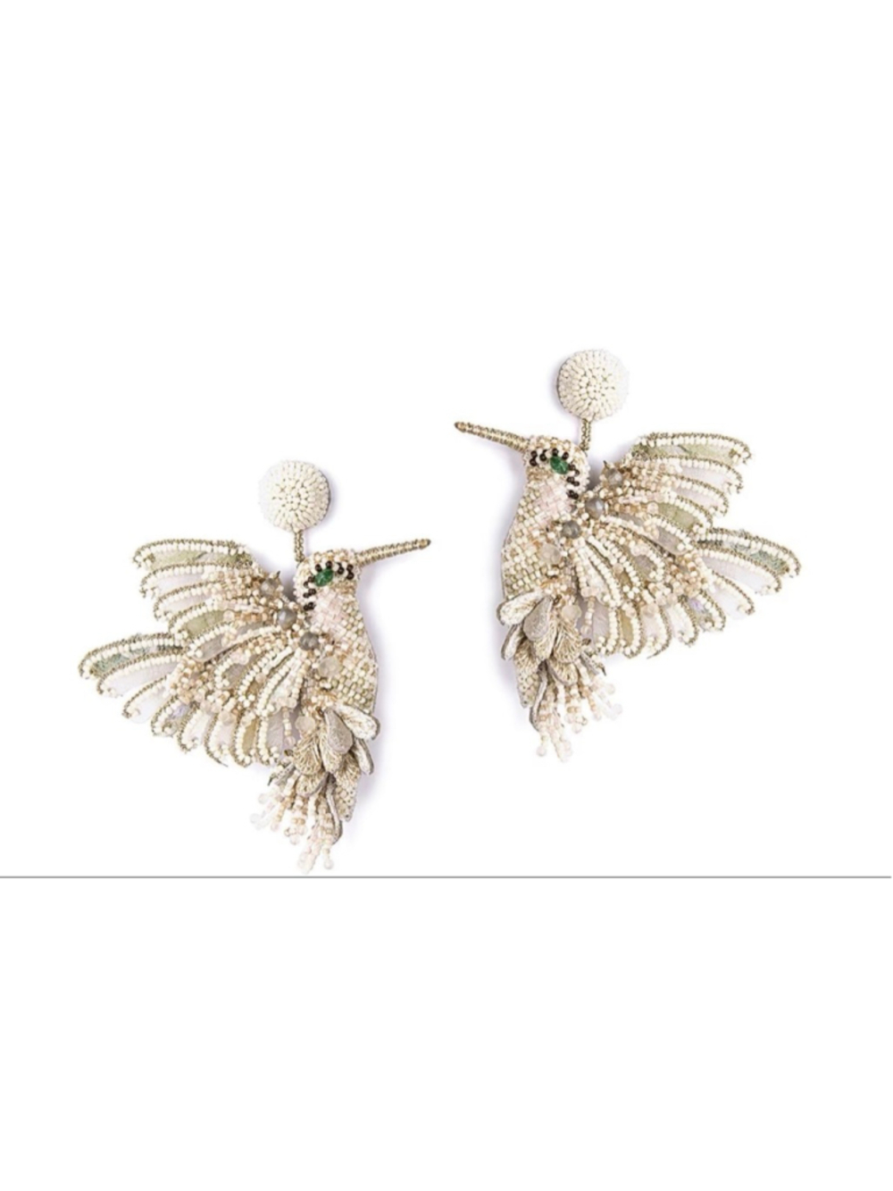 NWT Deepa Gurnani Hummingbird Beaded Drop Earrings in Ivory and Gold